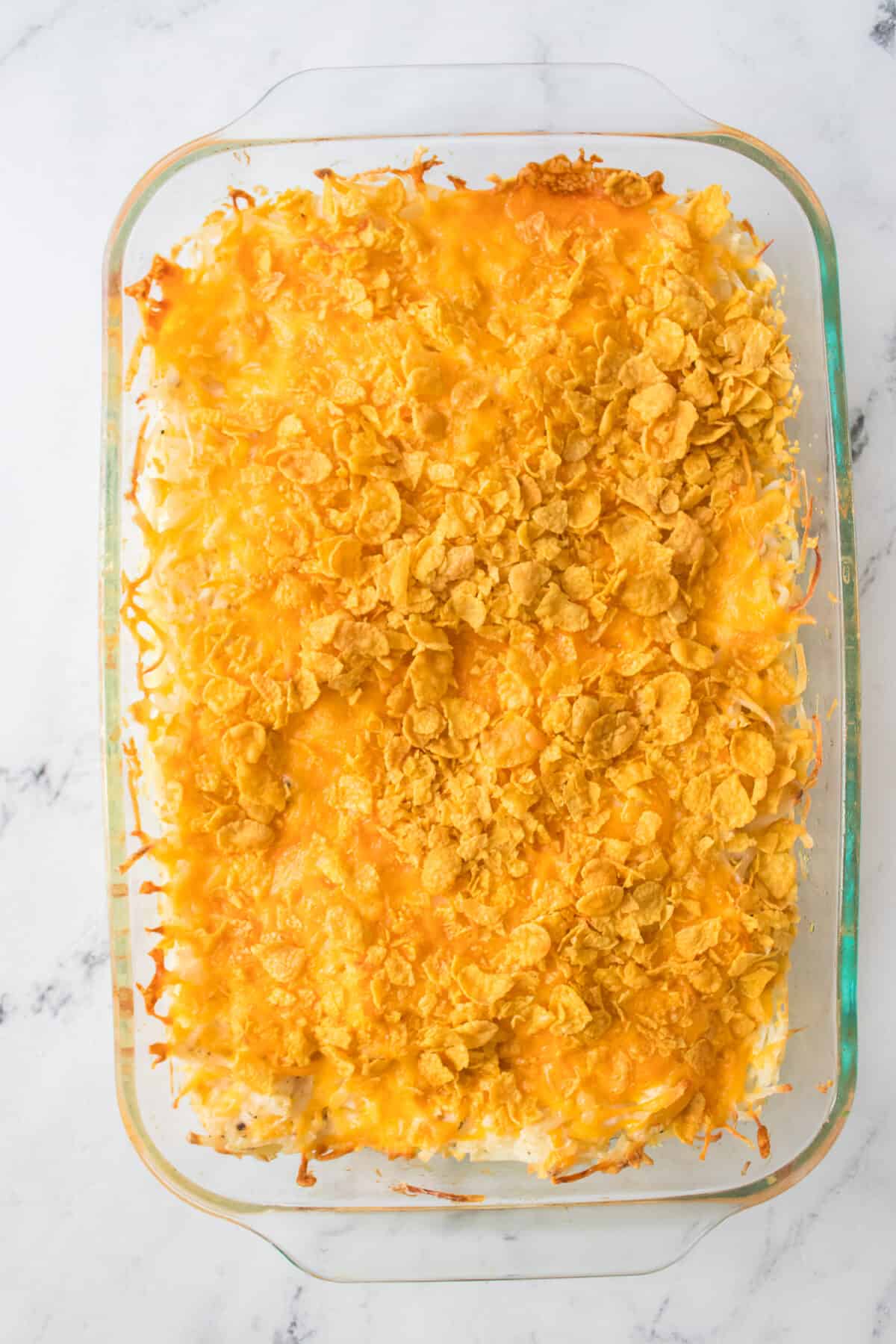 baked funeral potatoes in glass dish