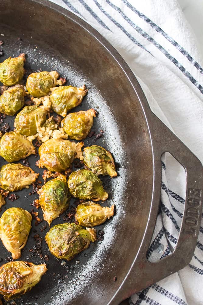 roasted brussel sprouts in cast iron skillet