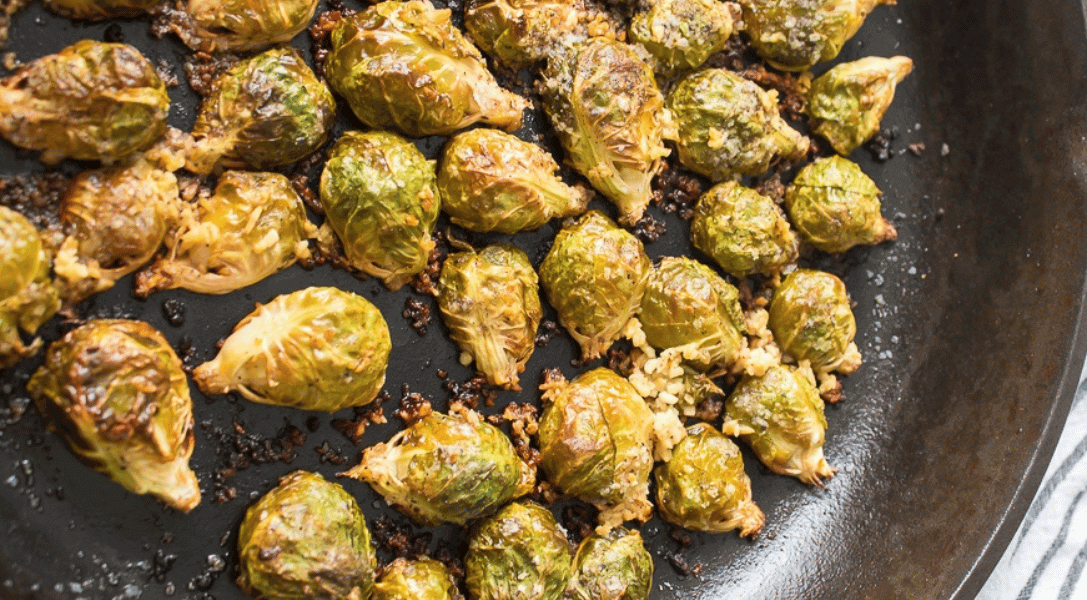 Roasted Brussels Sprouts in a cast iron skillet