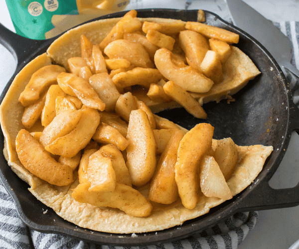 Apple and Pear Puff Pancake in cast iron skillet