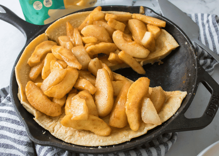 Apple and Pear Puff Pancake in cast iron skillet
