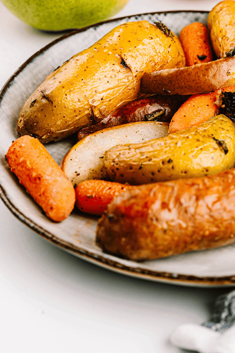 Close up of Pear & Sausage Sheet Pan.