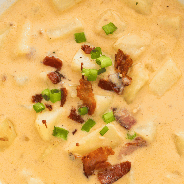 Close up of loaded potato soup in a bowl