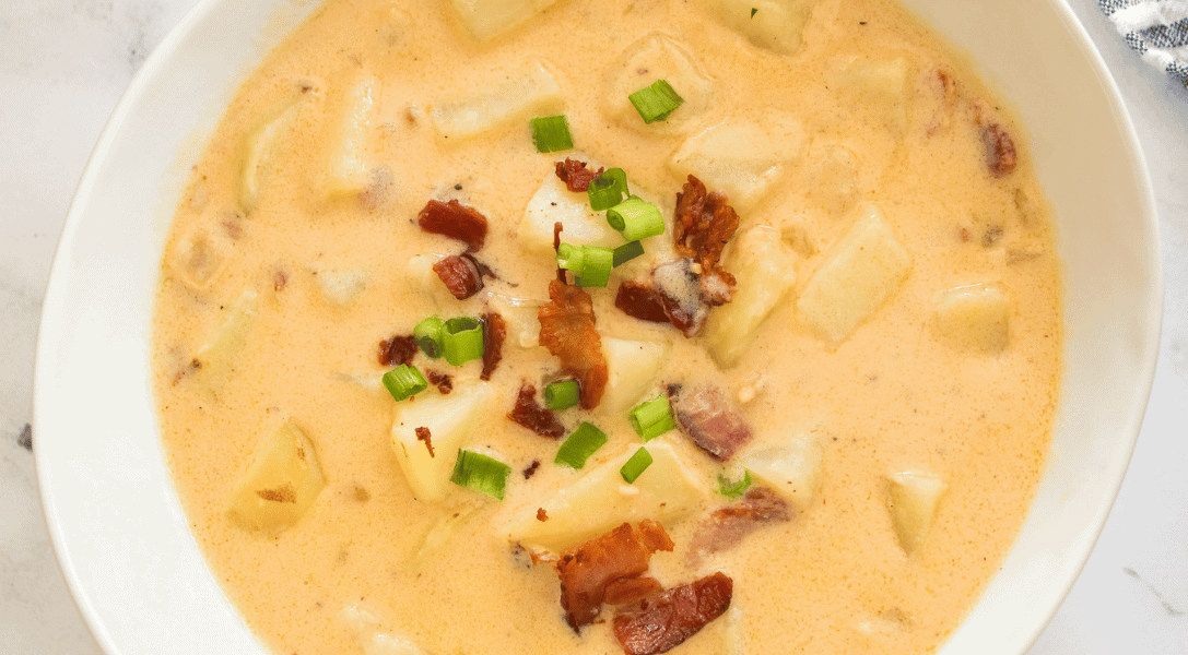 Close up of loaded potato soup in a bowl