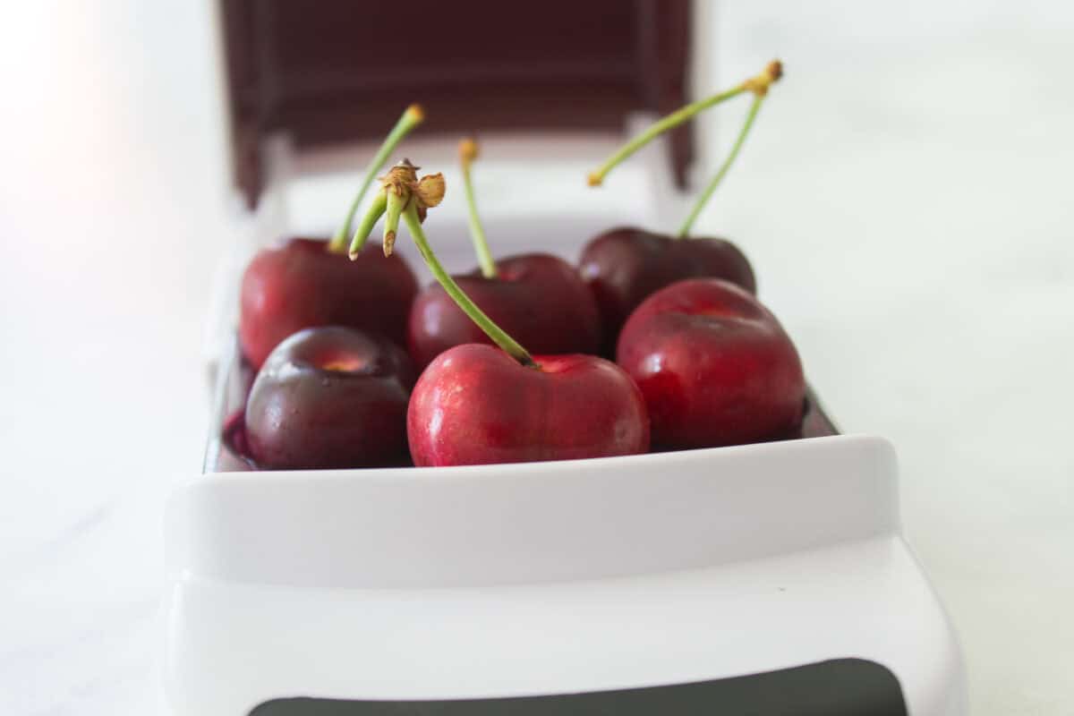 cherries in cherry pitter before pitting