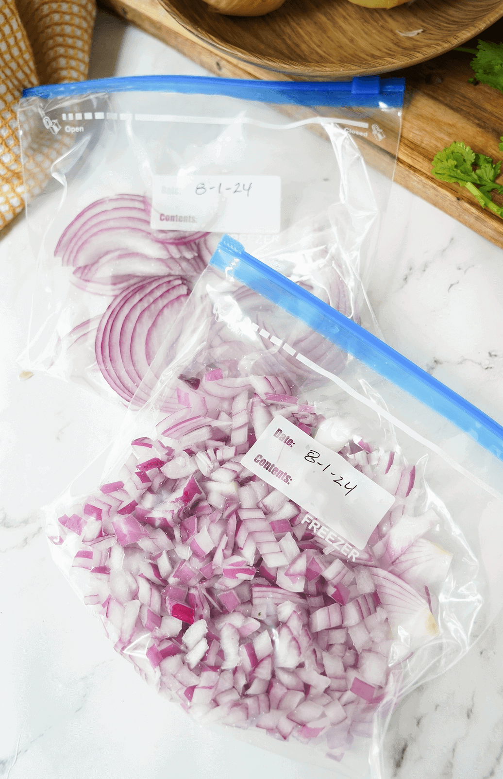 Onions in freezer bags with dates