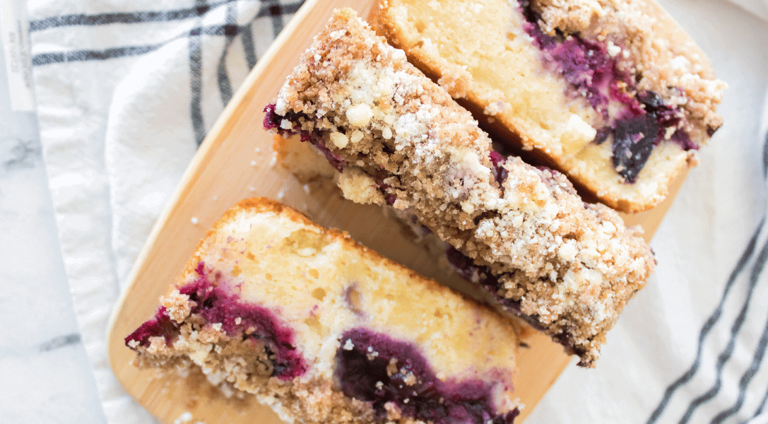 3 slices of blueberry crumb cake bread