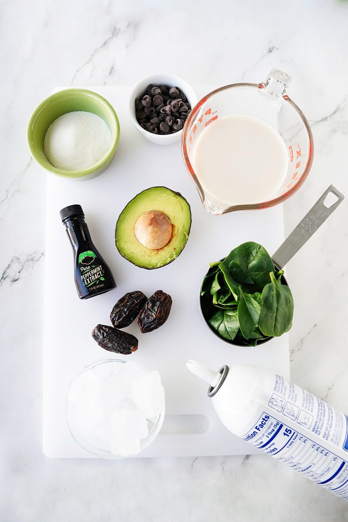 overhead shot of ingredients for avocado smoothie recipe