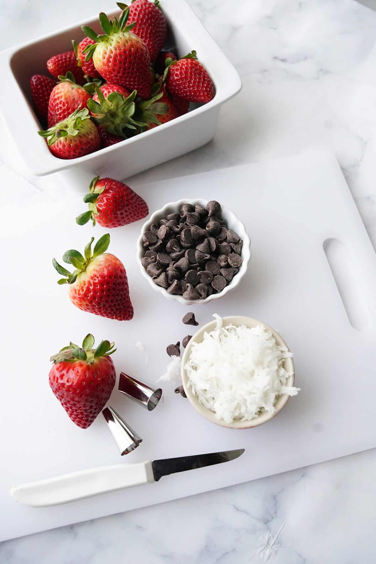 cutting board with strawberries, chocolate chips, coconut flakes, a pairing knife and two icing tips with a bowl full of fresh strawberries