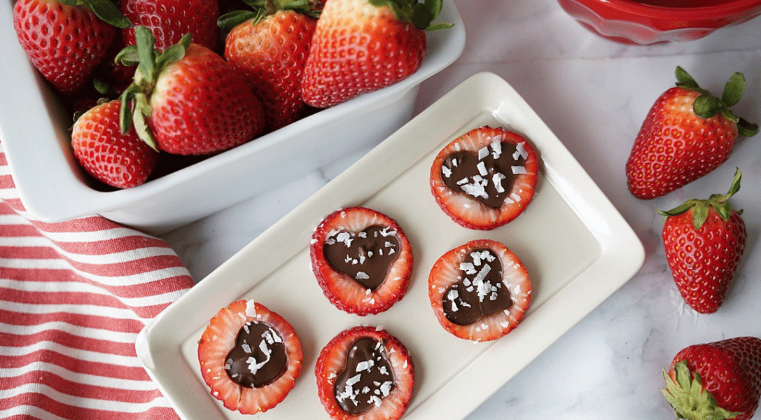 Heart Shaped Chocolate Strawberry Bites on white plate
