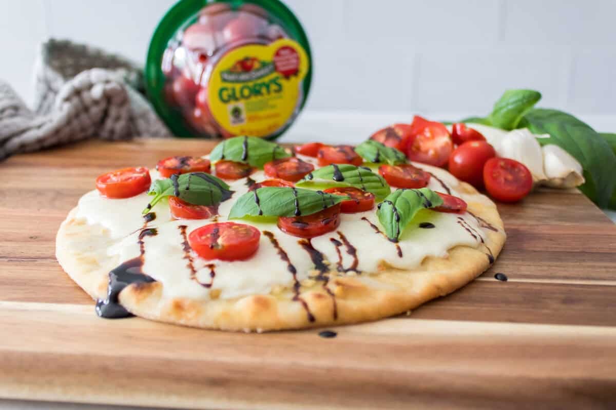 close up shot of caprese flatbread