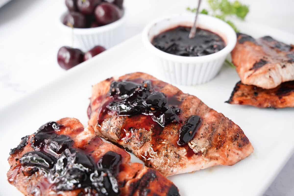 cherry glazed salmon on serving platter