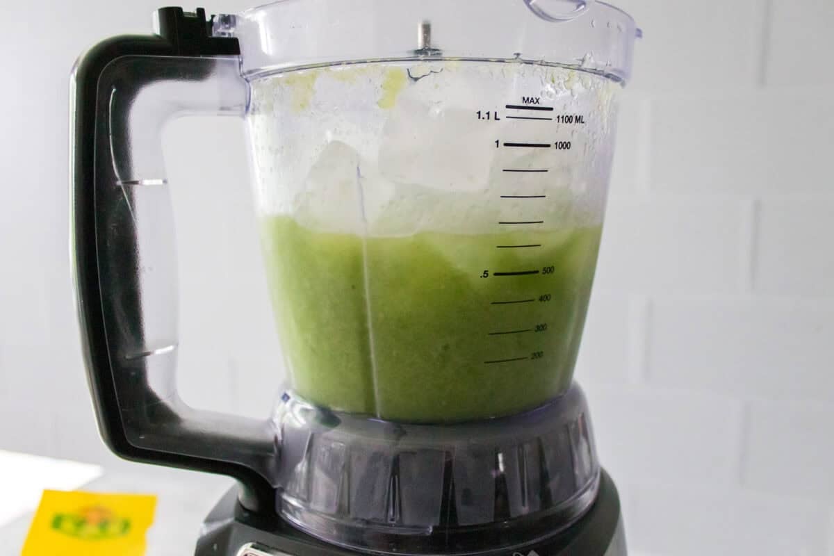 head on shot of cucumber mixture with ice before blending in food processor