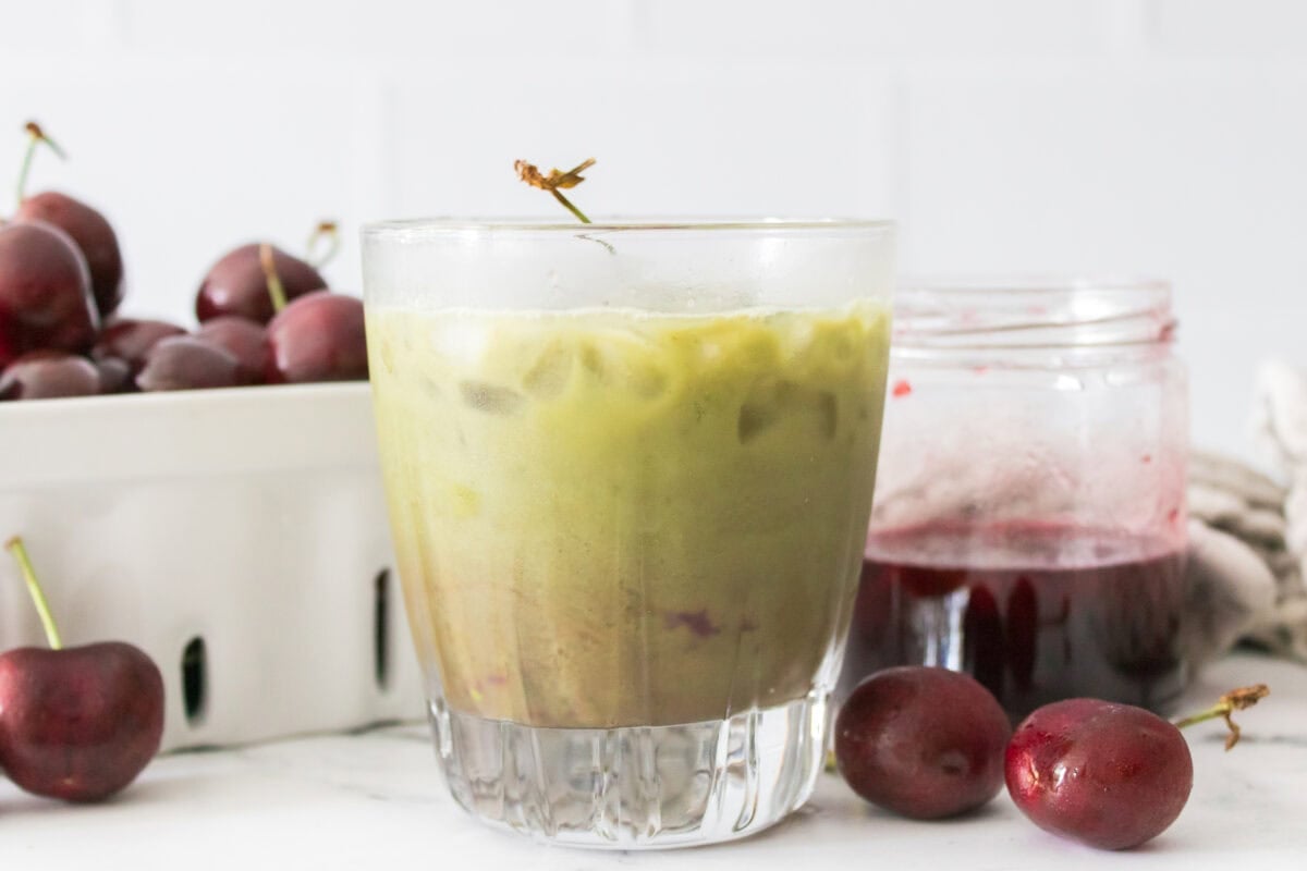 head on shot of cherry matcha latte
