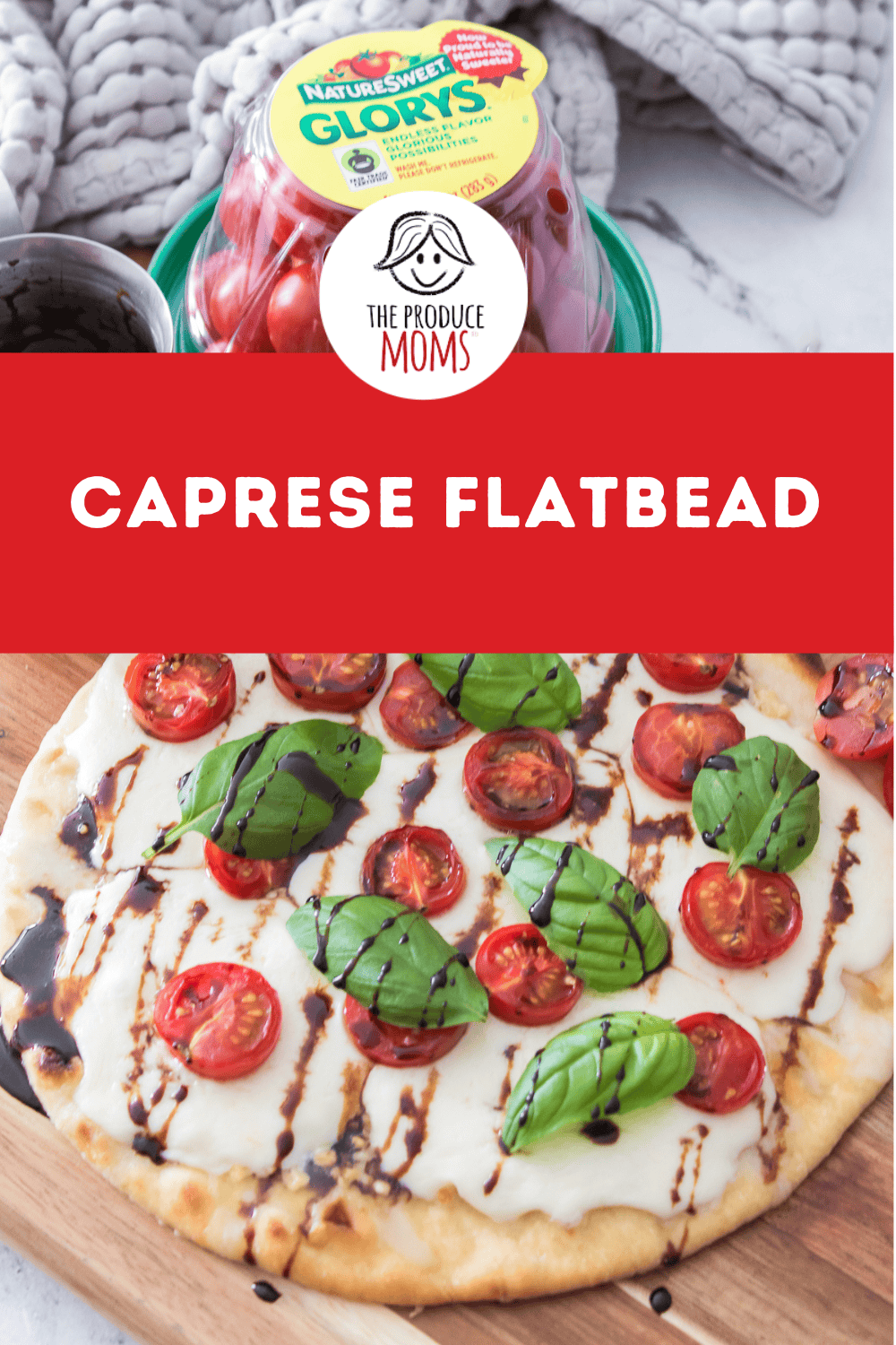 pinterest image for caprese flatbread | the produce moms