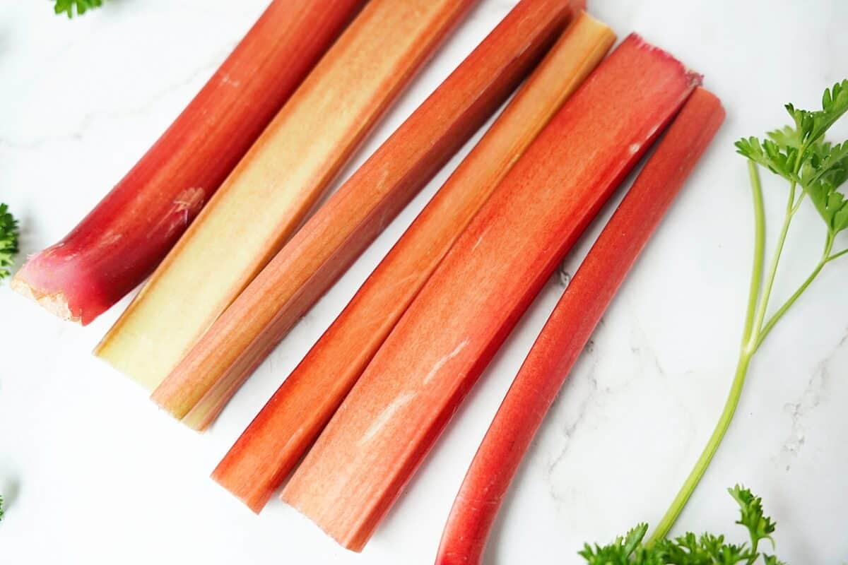 overhead shot of rhubarb on marble counter