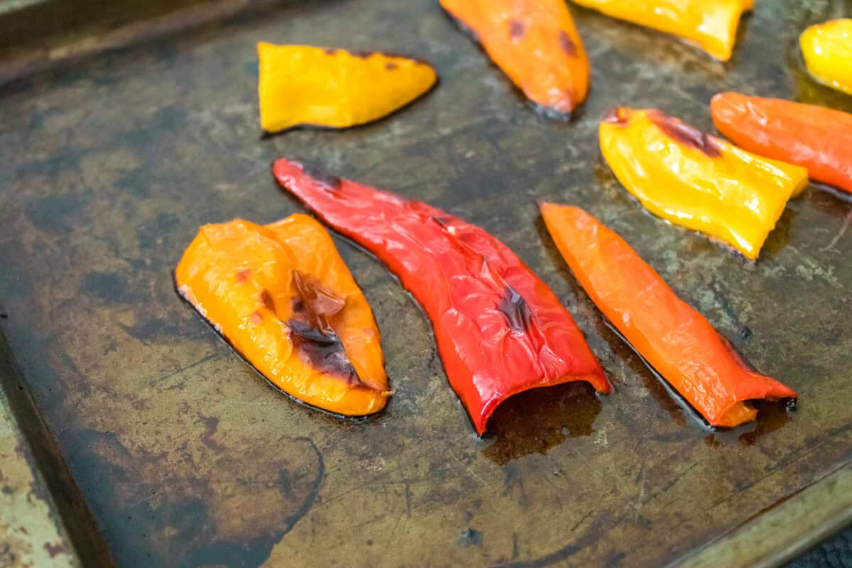 mini peppers roasted on baking sheet