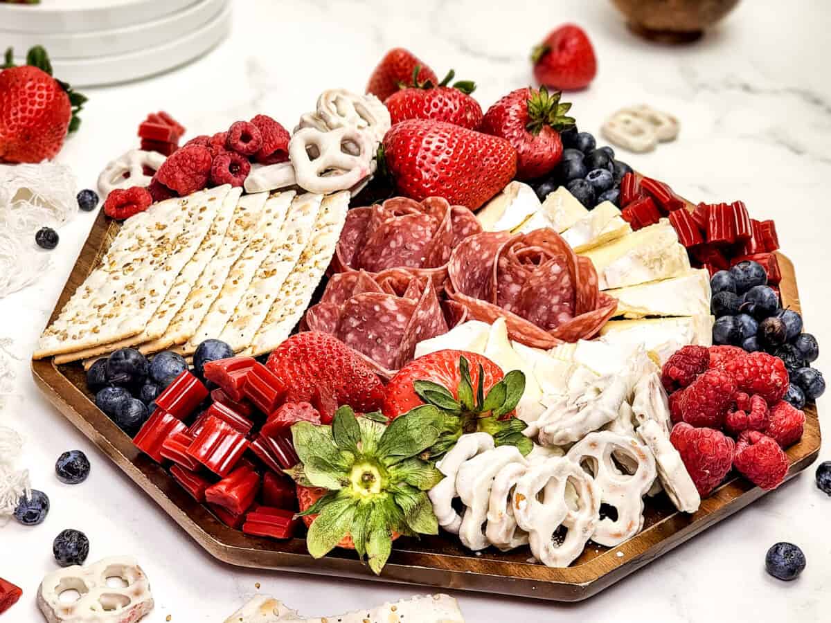45 degree shot of 4th of july charcuterie board