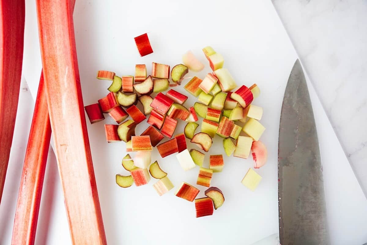 Dicing rhubarb on cutting board