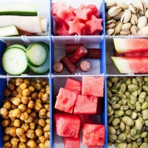 Watermelon sticks, cubes, and start with cucumber, chickpeas, meat sticks and nuts.