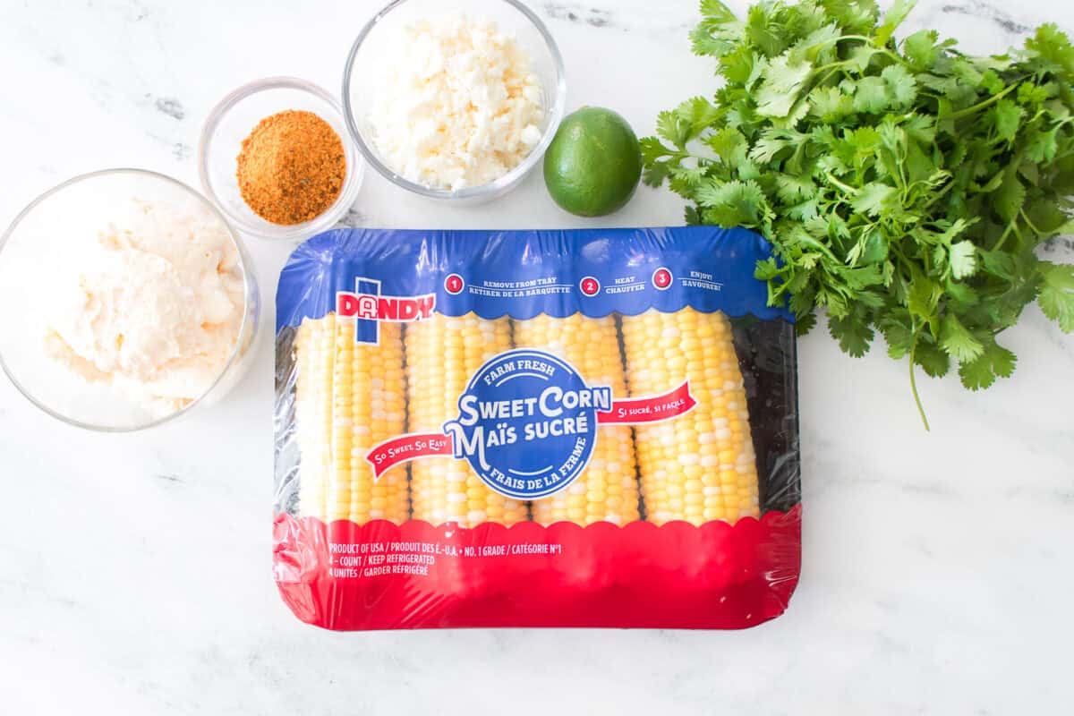 overhead shot of ingredients needed to make elote corn