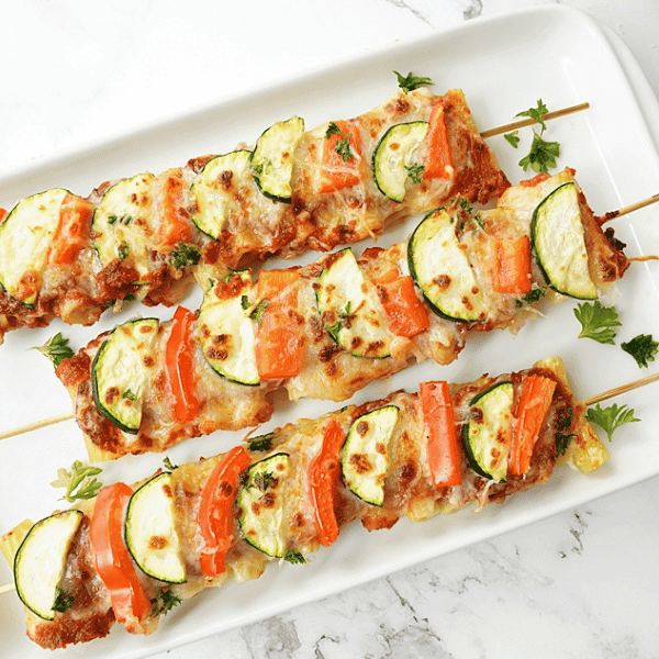 Veggie Pasta Kabobs on whtie plate