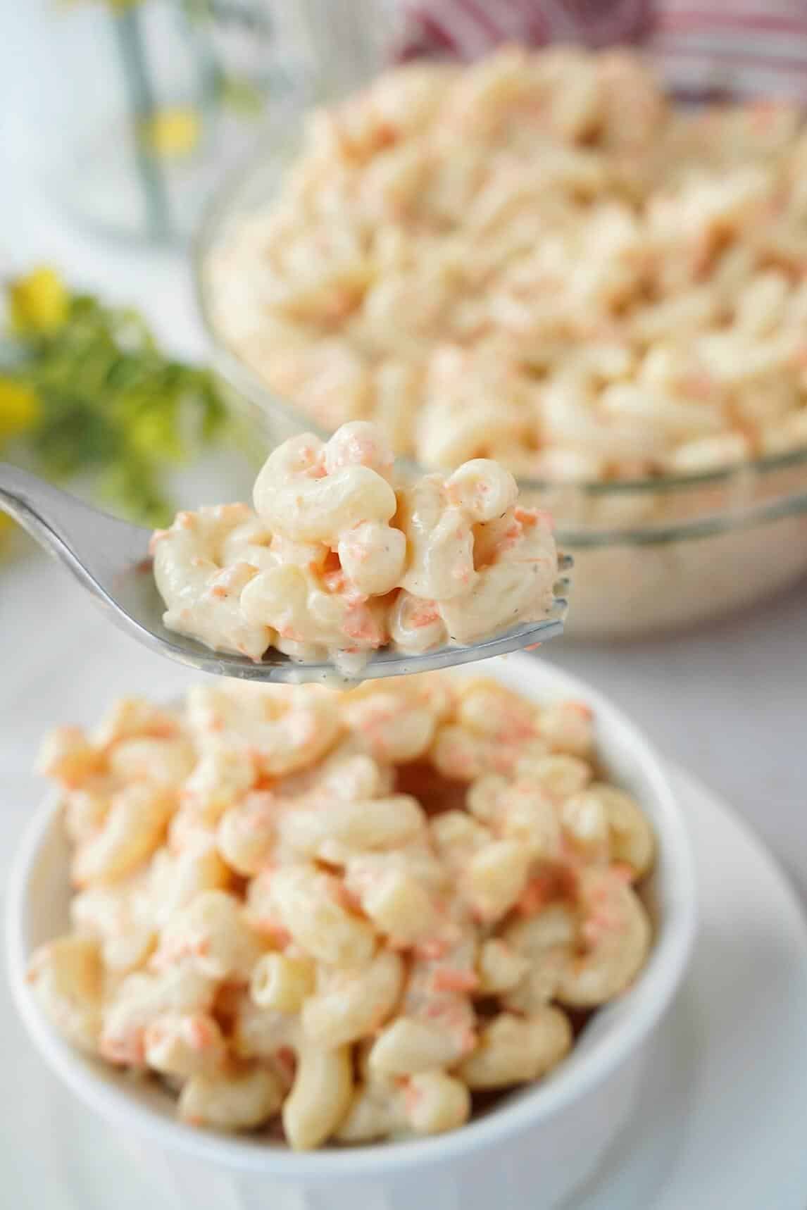 close up of Hawaaian Macaroni Salad on fork