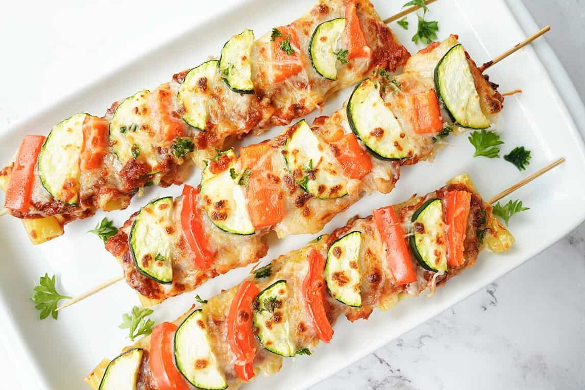 overhead view of Veggie Pasta Kabobs on plate