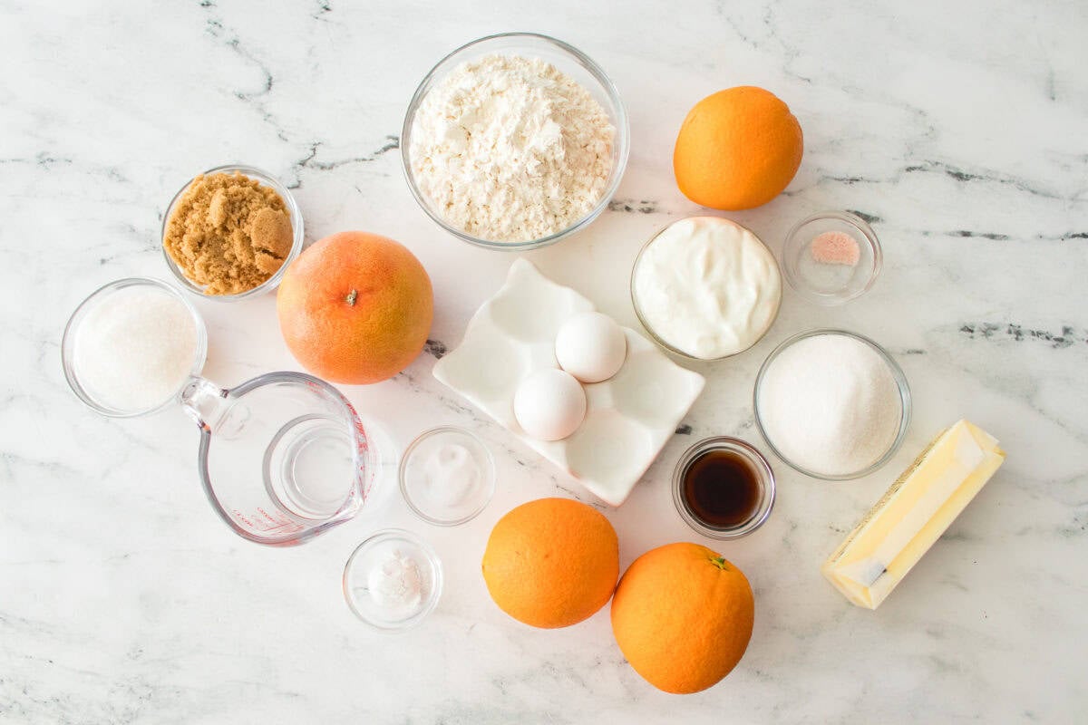 overhead shot of ingredients needed to make upside down citrus cake recipe