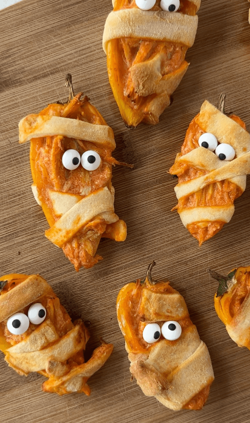 Vertical image of 5 mini bell pepper mummies