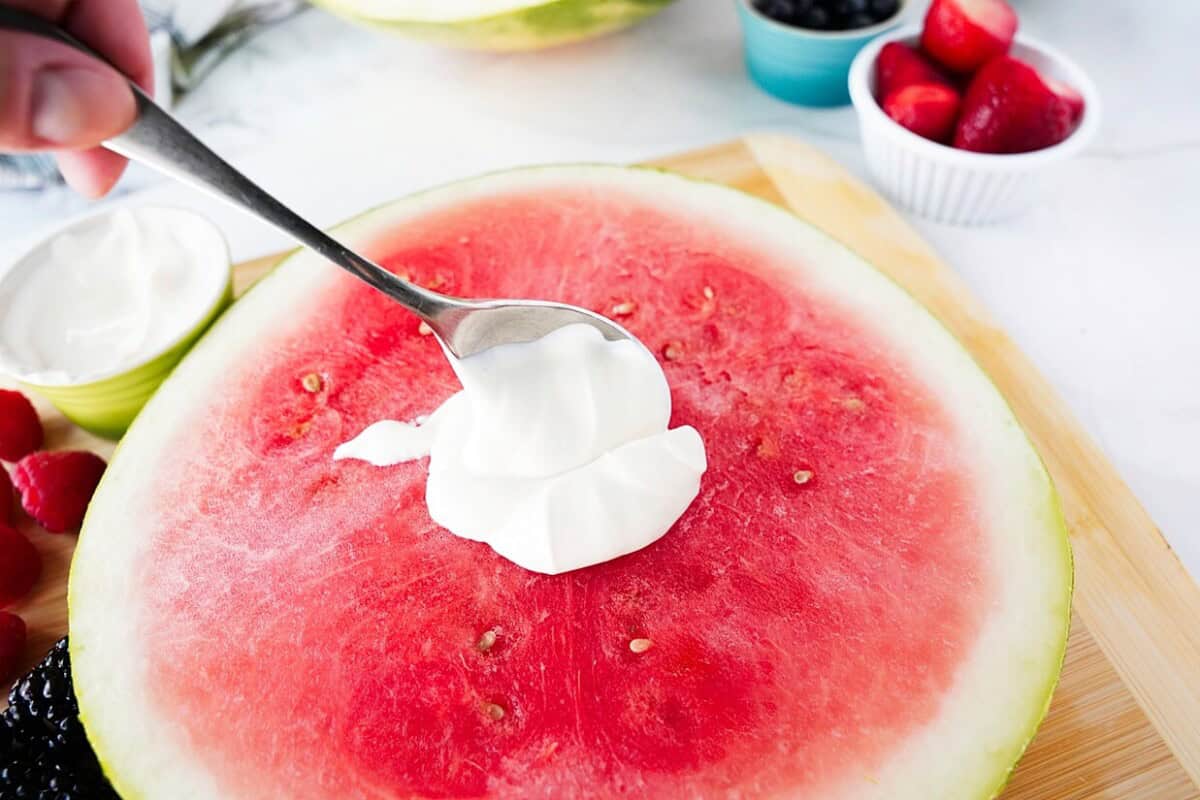 cream cheese fruit dip on watermelon slice