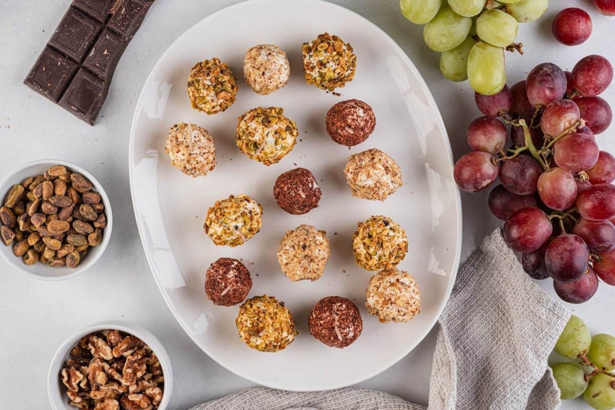 Grape truffles on a serving platter.