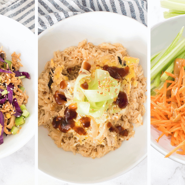 3 meal prep bowls featuring chicken, rice & celery