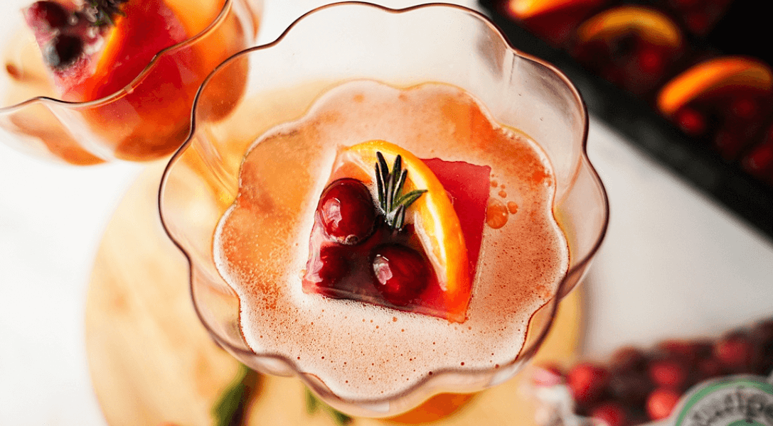 overhead view of Cranberry Orange Sparkler with ice cube