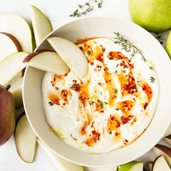 Hot Honey Whipped Ricotta Dip in a bowl