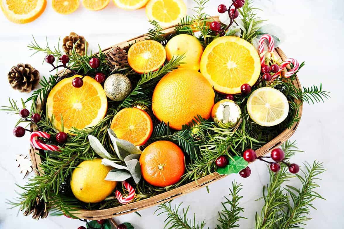 Overhead view of holiday citrus centerpiece