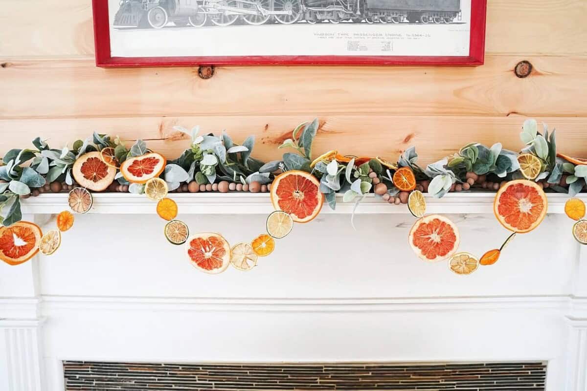 Dried citrus garland on white fireplace mantle
