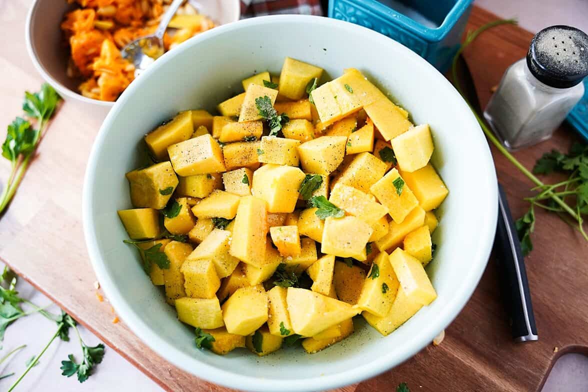 Roasted Butternut Squash in a white bowl