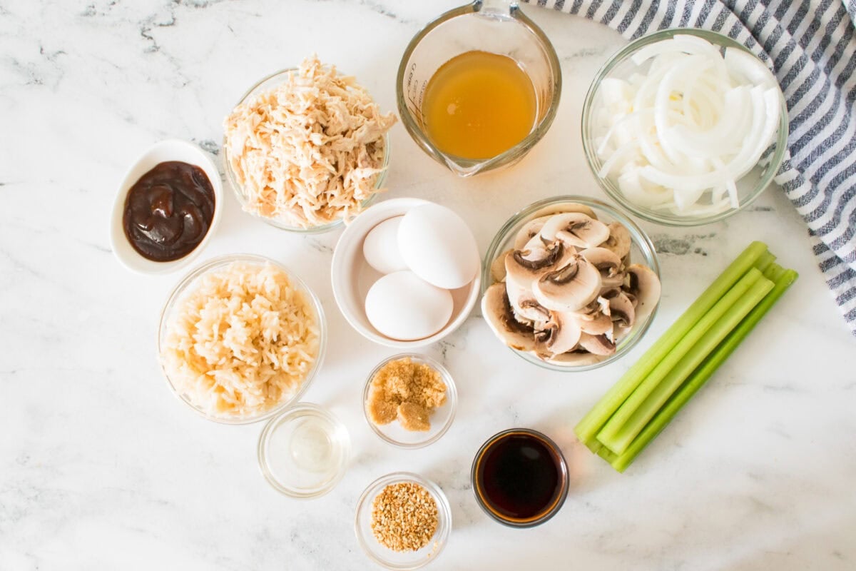 ingredients for Japanese Oyakodon: Chicken and Mushroom Bowl