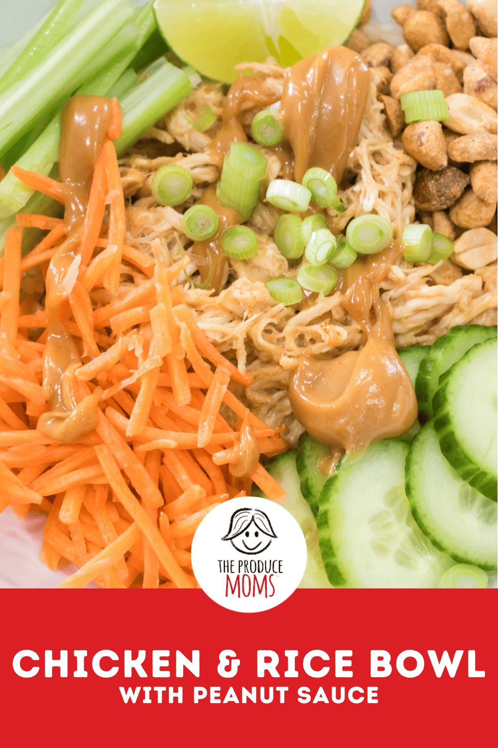 pinterest image | Chicken and Rice Bowl with Peanut Sauce | The Produce Moms