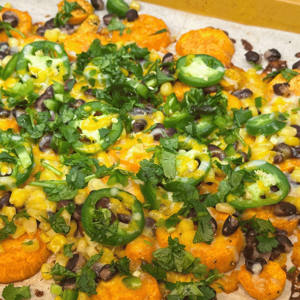 Roasted Sweet Potato Nachos on a sheet pan