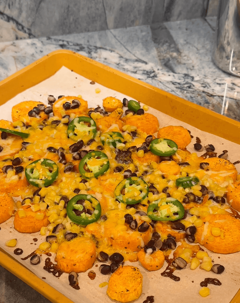 close up of sweet potato nachos on sheet pan
