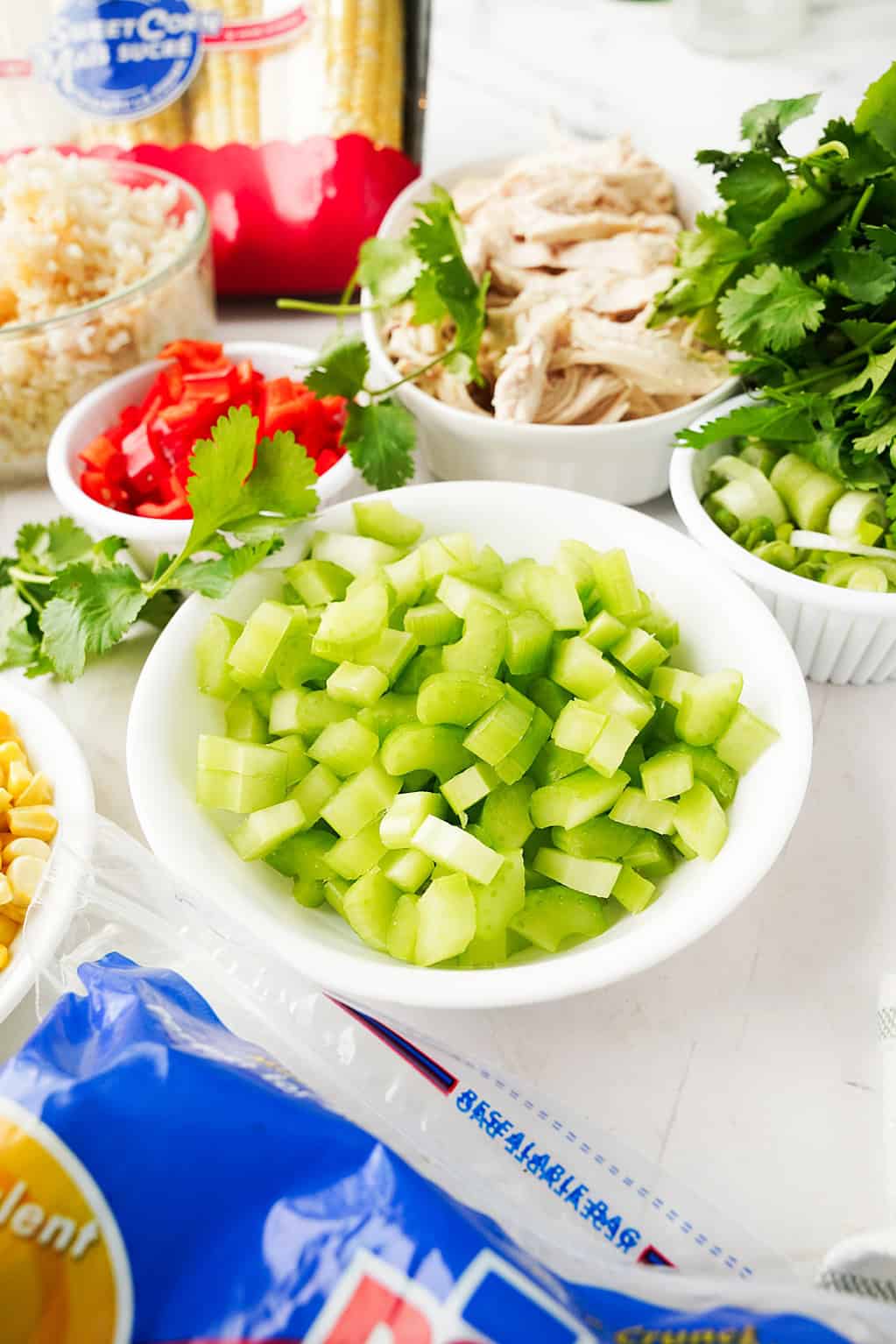Chop the celery, red cabbage, cilantro, and green onions and dice the red pepper.
