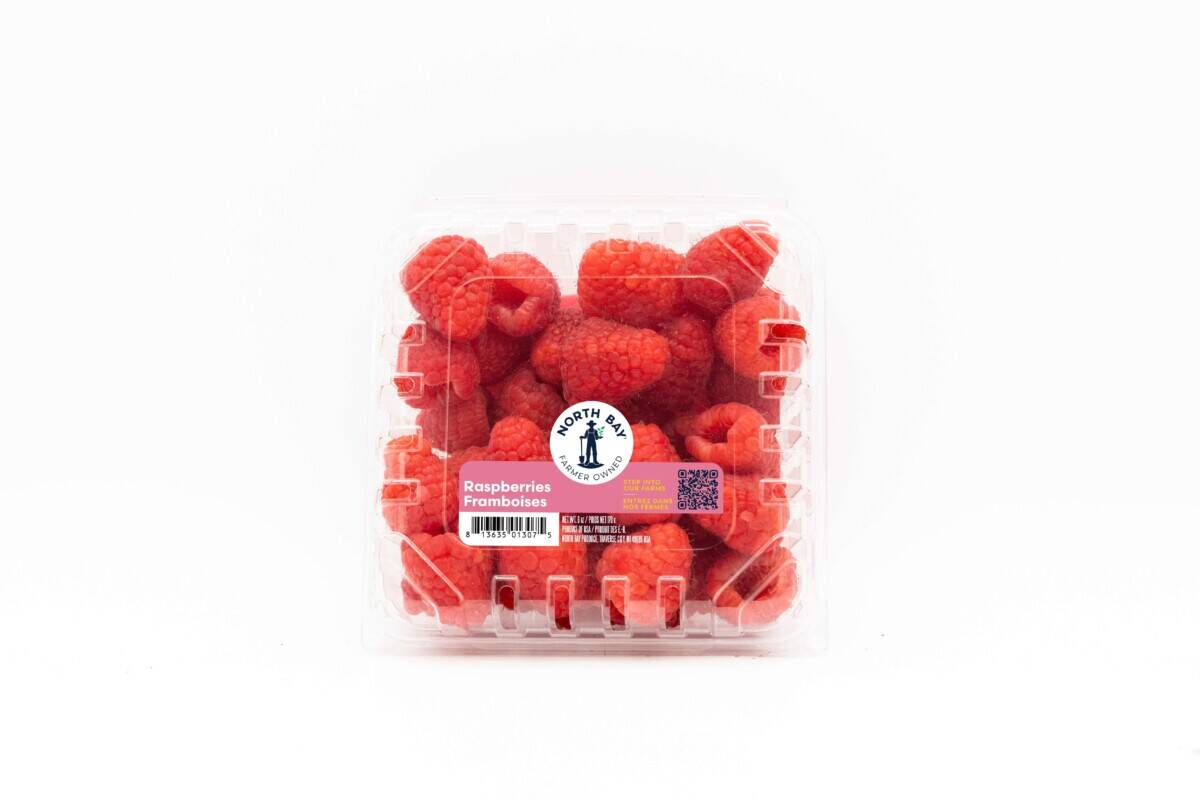 North Bay Produce raspberries in a clamshell with white background