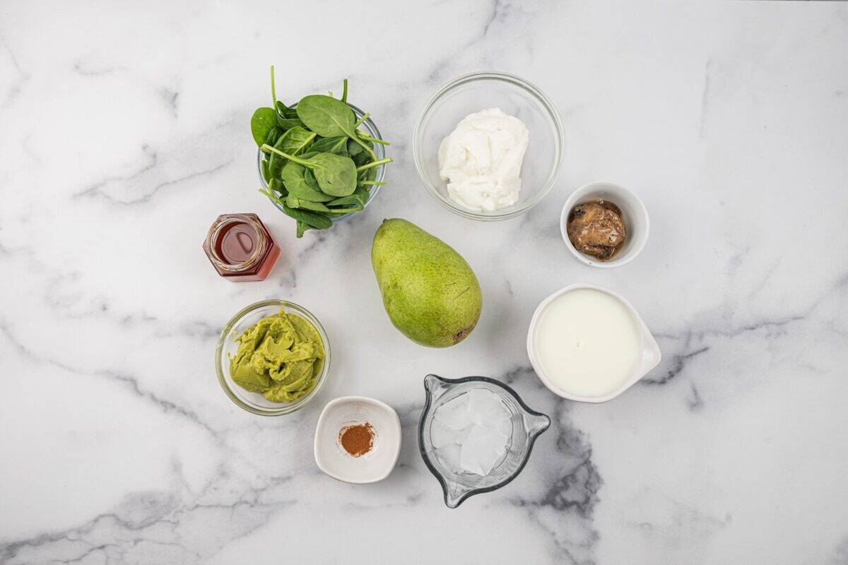 Green Anjou pears, spinach, mashed avocado, honey, Greek yogurt, almond butter, milk of choice, ice