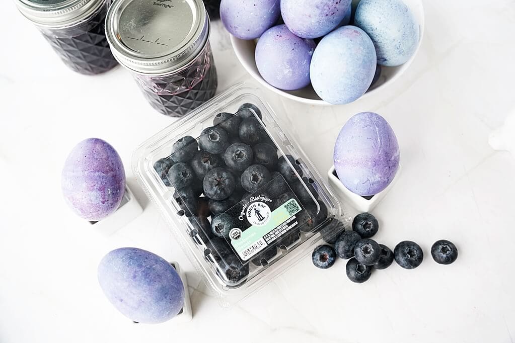 DIY Blueberry-Dyed Eggs with clamshell of North Bay Produce blueberries