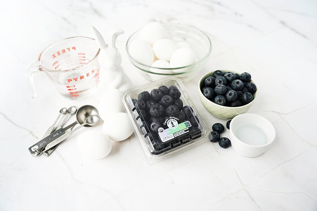 Ingredients DIY Blueberry-Dyed Eggs: Eggs, water, blueberries, vinegar and measuring cups