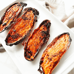 4 halves viral sweet potato recipe on white plate