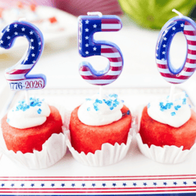 Watermelon Cupcakes with red, white and blue 250 candles on a red, white and blue plate
