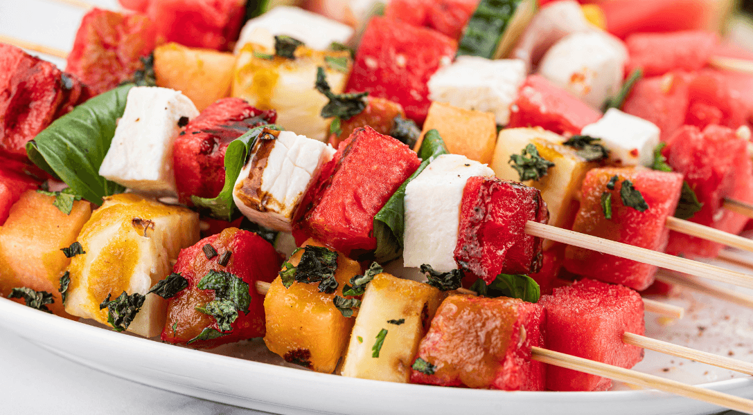 Close up of Watermelon skewers on a white plate